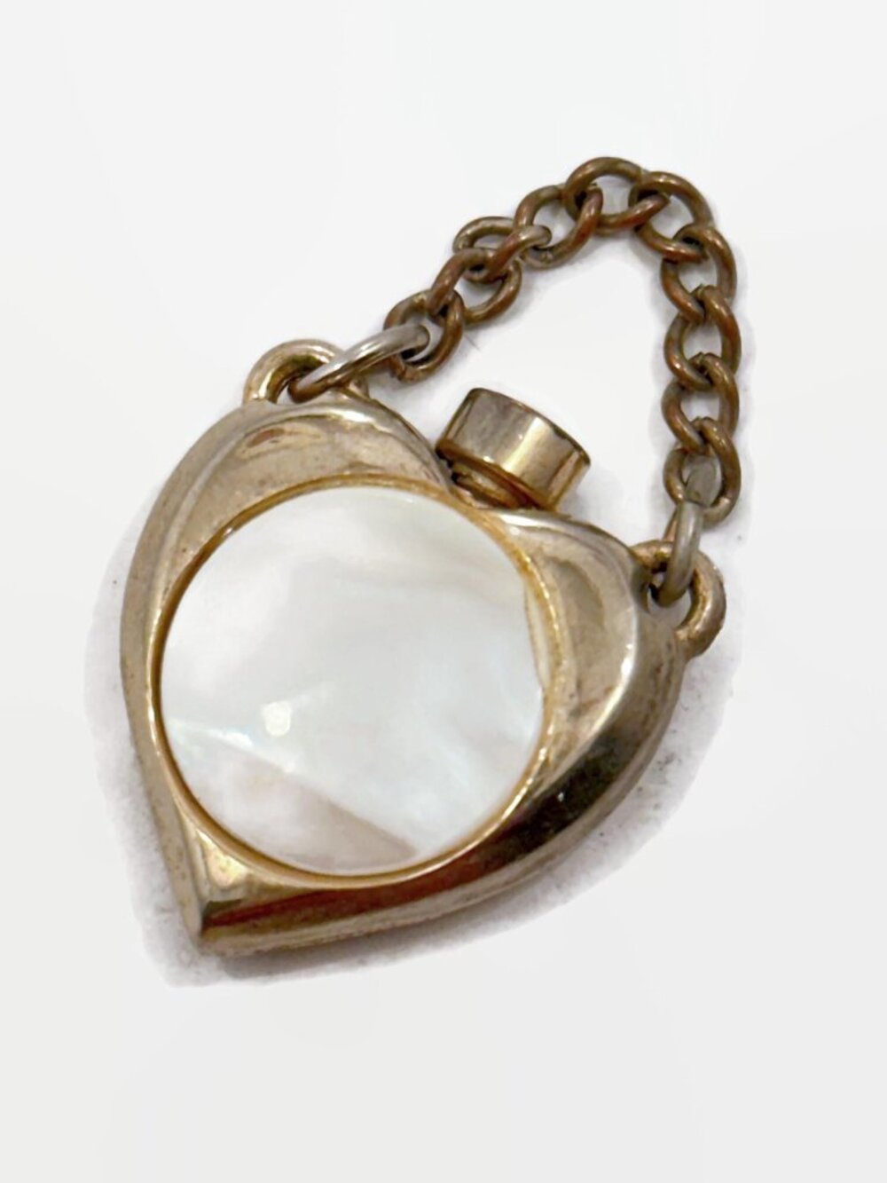 Vintage Perfume Pendant Charm:  Heart, Watch Fob, White, Mother of Pearl, Gold
